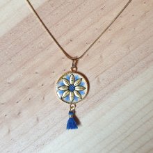 Goud/blauwe bloemen hanger ketting aan gouden ketting