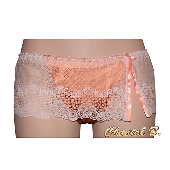 Lingerie nachtpon + string in zalmzijden satijn en kant