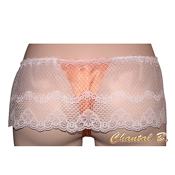 Lingerie nachtpon + string in zalmzijden satijn en kant