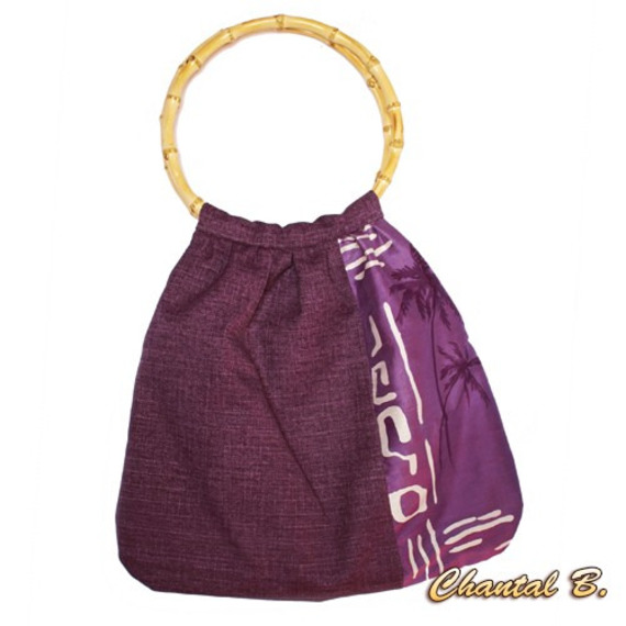 Paarse schoudertas en clutch bag met zijde en katoenen bamboepatroon