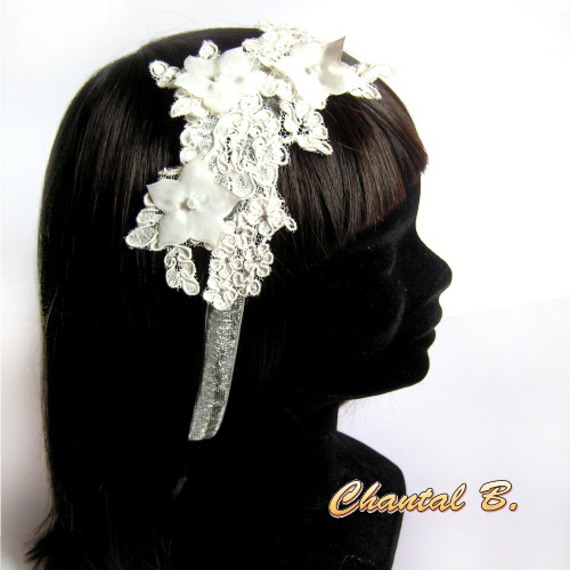 haarband kant Calais ivoor bruiloft accessoire hoofdband zijde bloem strass