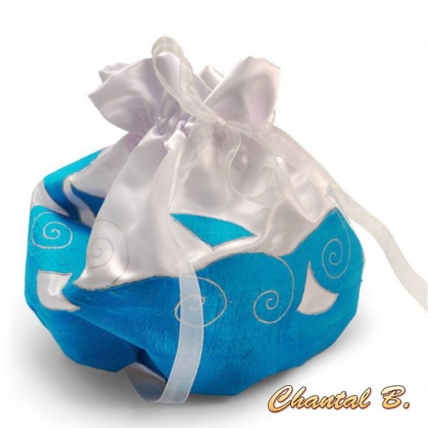 Bourse de mari&eacute;e arabesques soie turquoise et satin blanc