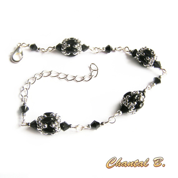 armband kristal swarovski glas kralen zwart glanzend en zilver geweven