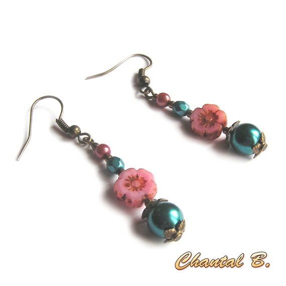 armband met roze bohemien bloemen en turquoise parels brons metaal