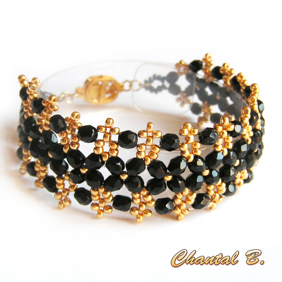armband manchet geweven kralen bohemien zwart en goud bruiloft avond