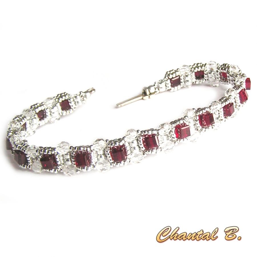 Valentijnsarmband swarovski siam cube kostbare geweven kralen swarovski en zilver
