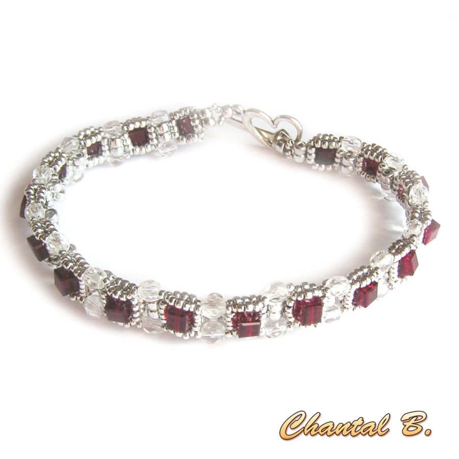 Valentijnsarmband swarovski siam cube kostbare geweven kralen swarovski en zilver