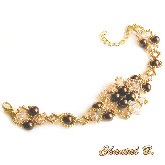geweven armband met chocolade parel kralen zalm en goud transparante kralen bruiloft avond