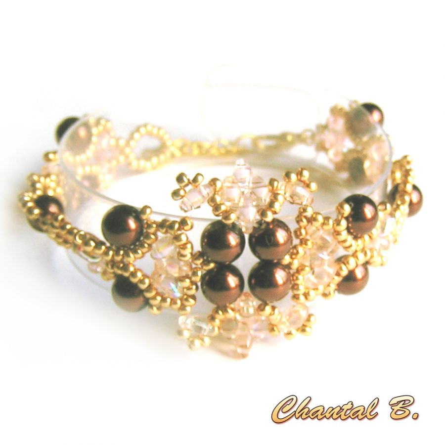 geweven armband met chocolade parel kralen zalm en goud transparante kralen bruiloft avond