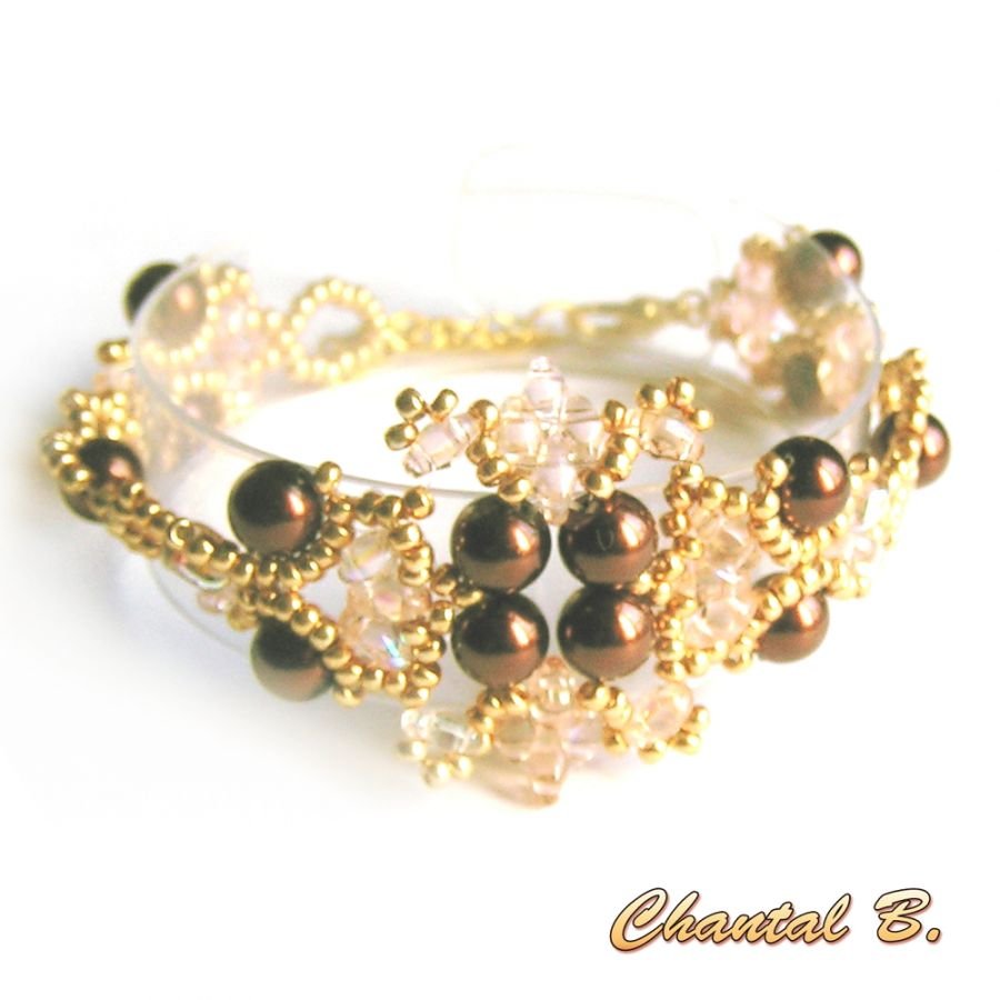 geweven armband met chocolade parel kralen zalm en goud transparante kralen bruiloft avond