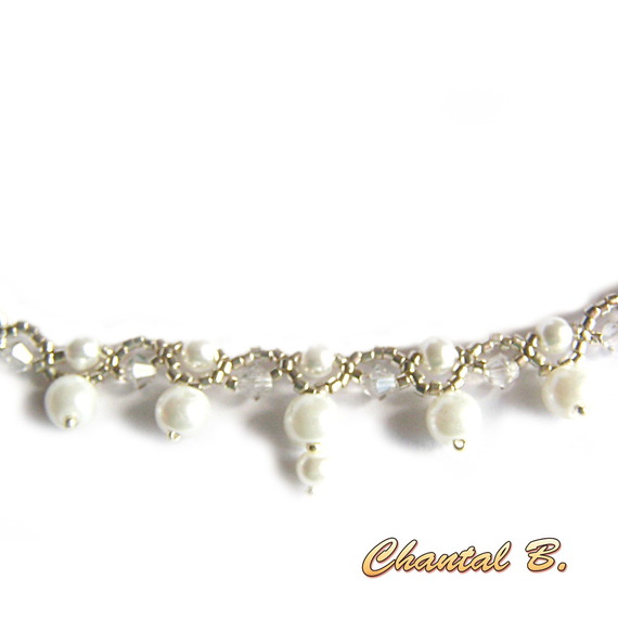 ketting geweven parel kralen wit swarovski kristal en zilver bruiloft avond
