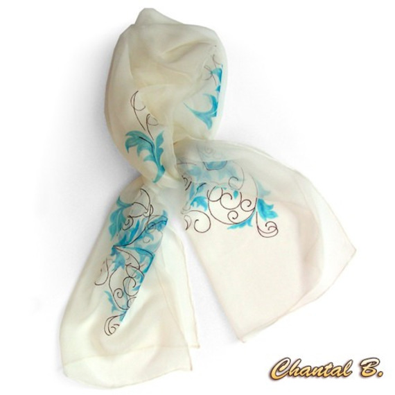 turquoise zijden sjaal met gouden en chocolade arabesken