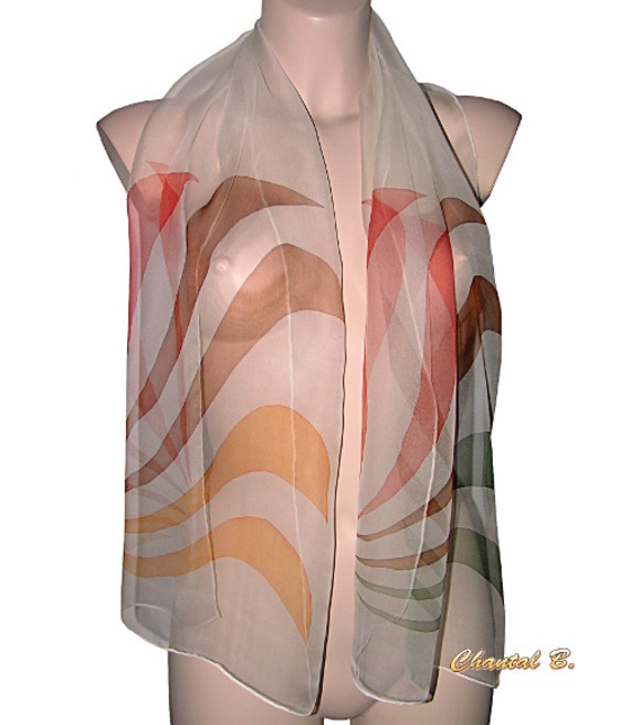 sjaal zijde chiffon amandelgroen koraalbruin