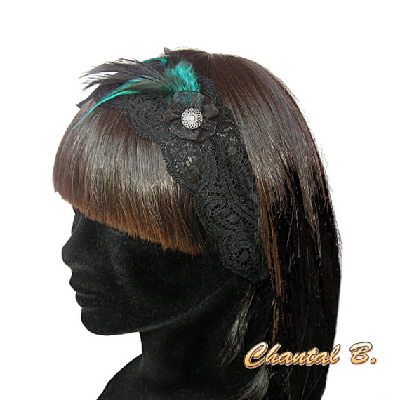 hoofdband turquoise haar kant en veren turquoise blauw en zwart