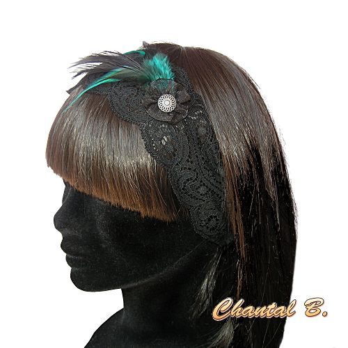 Hoofdband turquoise haar kant en veren turquoise blauw en zwart