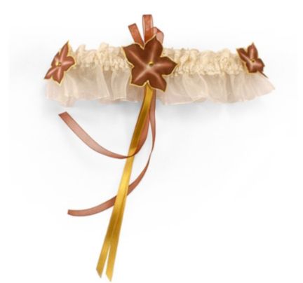 ivoor kanten kousenband met chocolade en gouden zijden bloemen