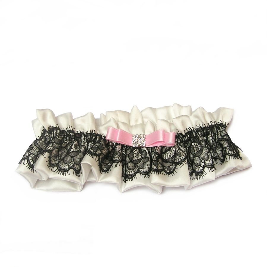 zwarte zijden kousenband met roze strik