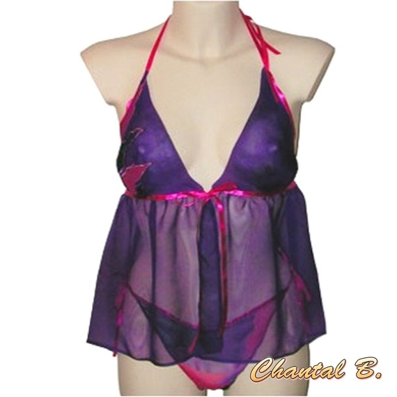 Valentijnsdag lingerie setje paars zijden Bali en handgeschilderde string