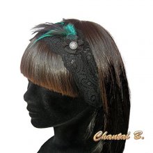 Hoofdband turquoise haar kant en veren turquoise blauw en zwart