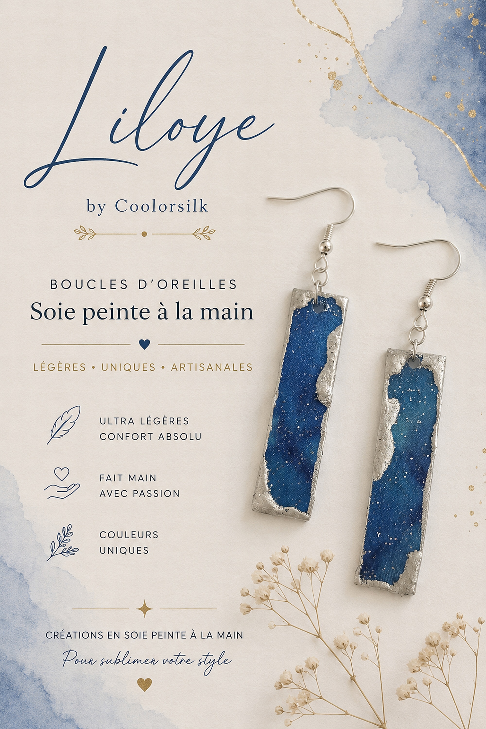 Boucles d oreilles tr&eacute;s l&eacute;g&egrave;res en soie peinte recto verso