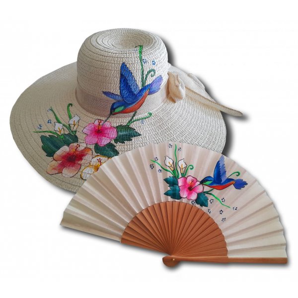 Handgetekende en handgeschilderde katoenen waaier "kolibrie van de zon