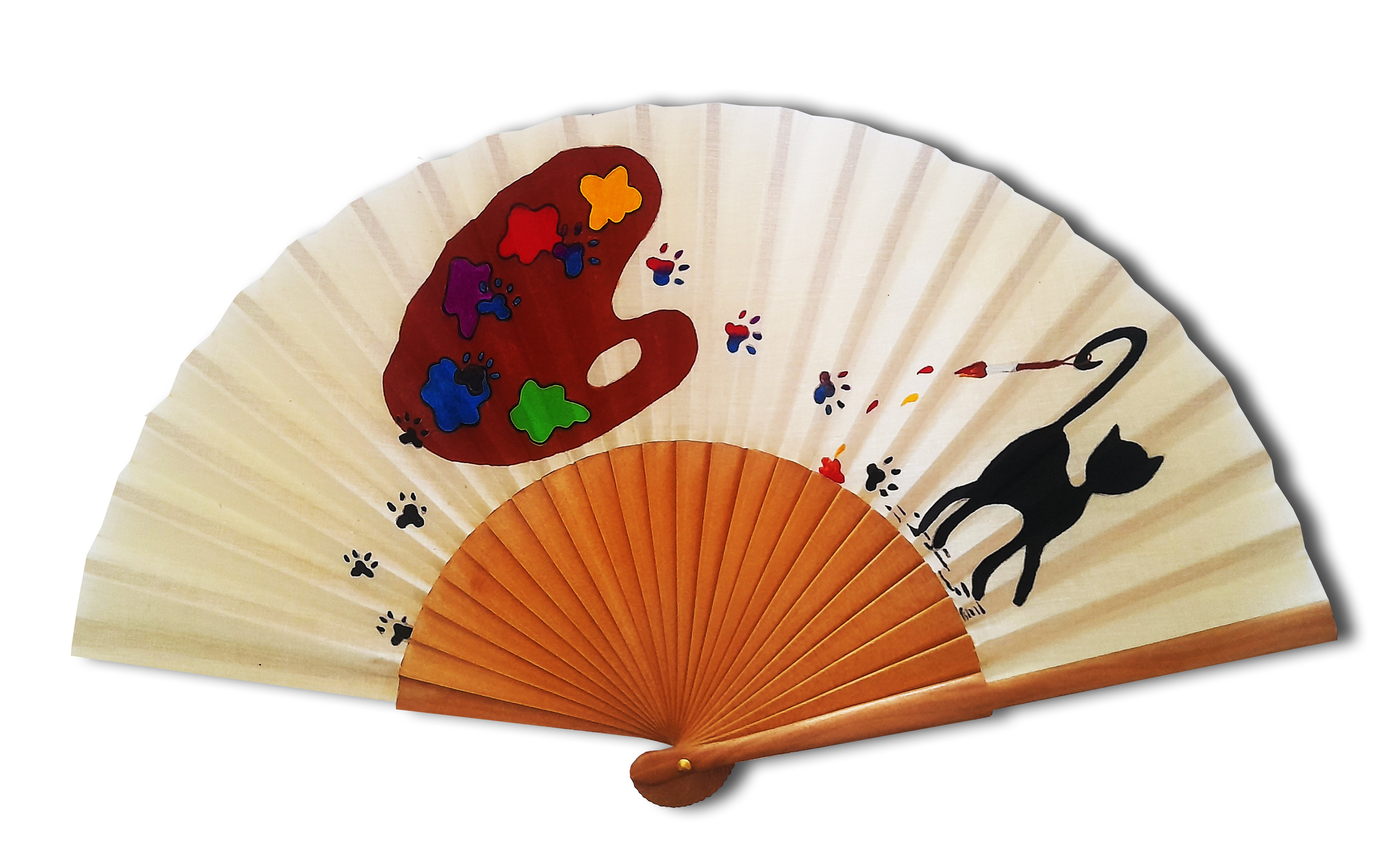 Eventail coton dessin&eacute; et peint &agrave; la main "Chat peint"