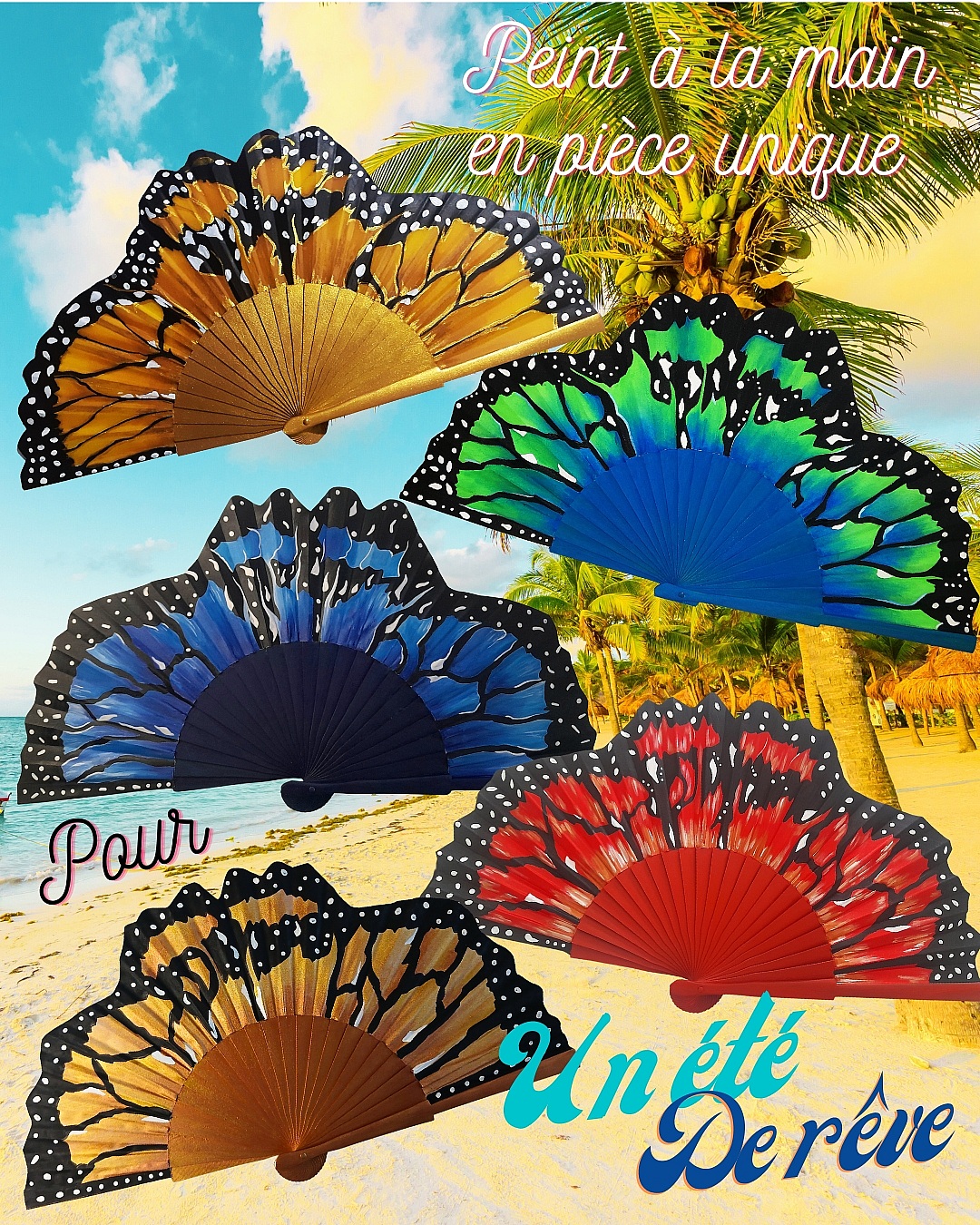 Eventail en coton peint &agrave; la main. "Murmure"