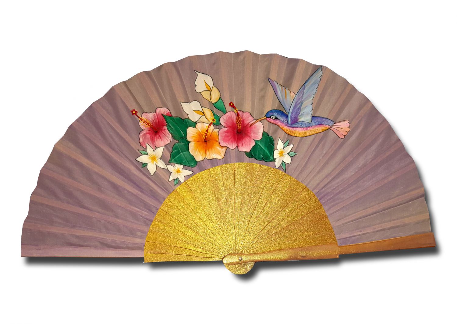 Handgetekende en handgeschilderde satijnen waaier "my lovely hummingbird".