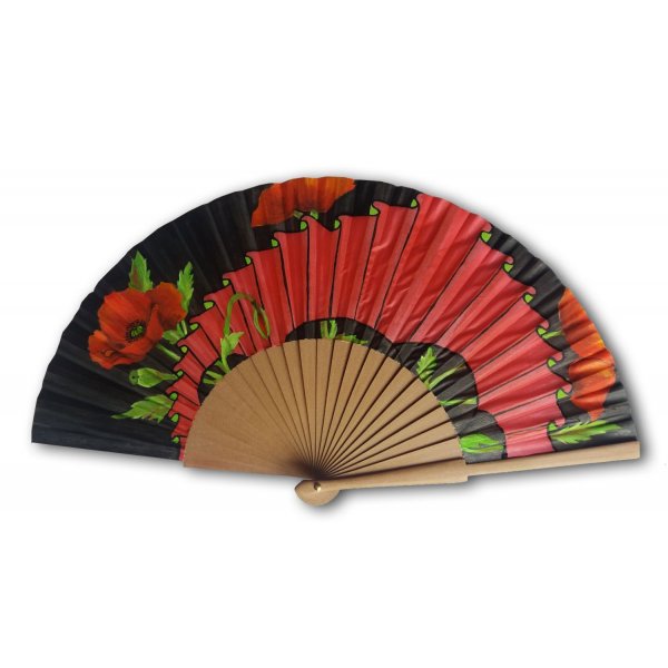 Eventail en satin dessin&eacute; et peint &agrave; la main  "Pavots"