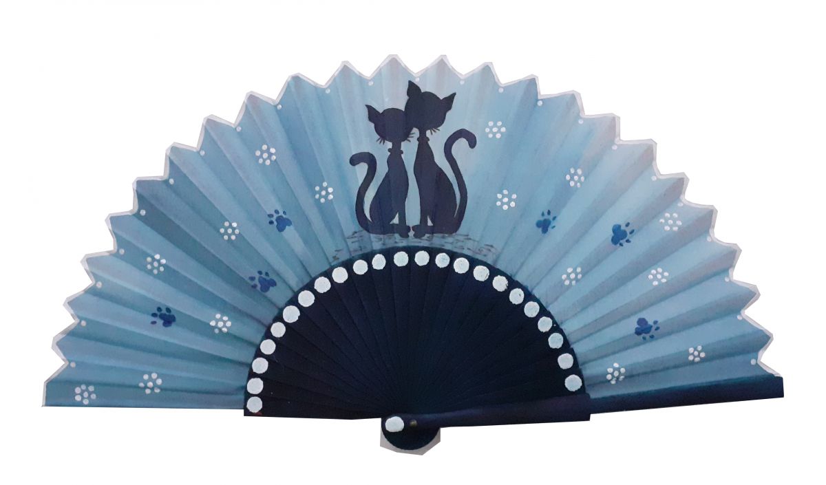 Handgetekende en geschilderde satijnen waaier "Cat floral