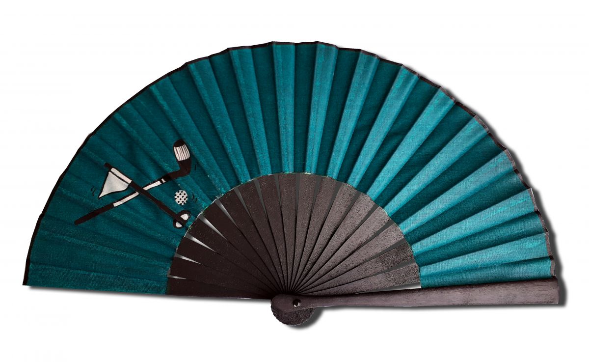  Unisex handgeschilderde katoenen waaier. "Golfgroen" 19cm