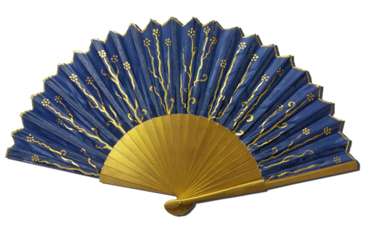 Handgetekende en handgeschilderde katoenen satijnen waaier "Nuit et or" (Nacht en goud)