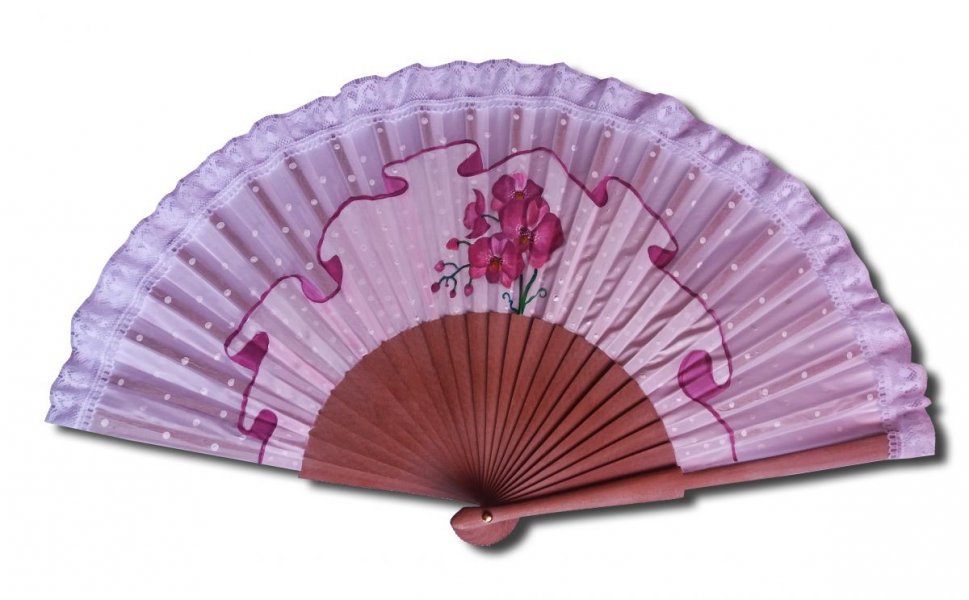 Een grote handgetekende en handgeschilderde waaier, op maat gemaakt met "L'orchidée" kant.