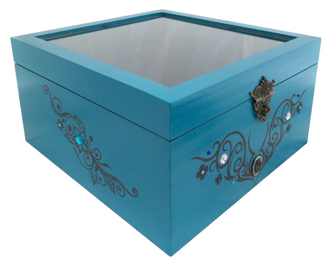 Houten kistje met glazen deksel. Model : tribal blauw