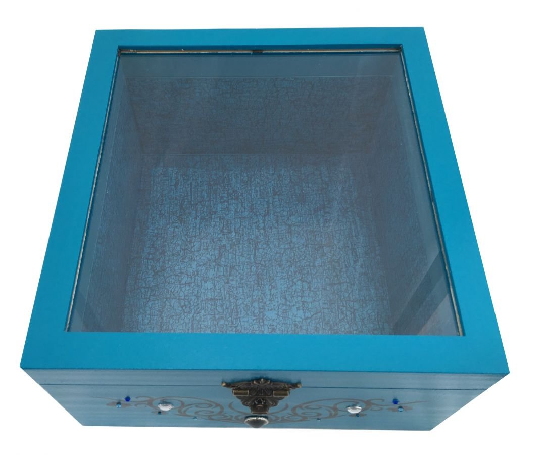 Houten kistje met glazen deksel. Model : tribal blauw