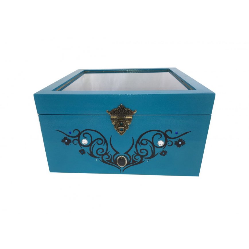 Houten kistje met glazen deksel. Model : tribal blauw
