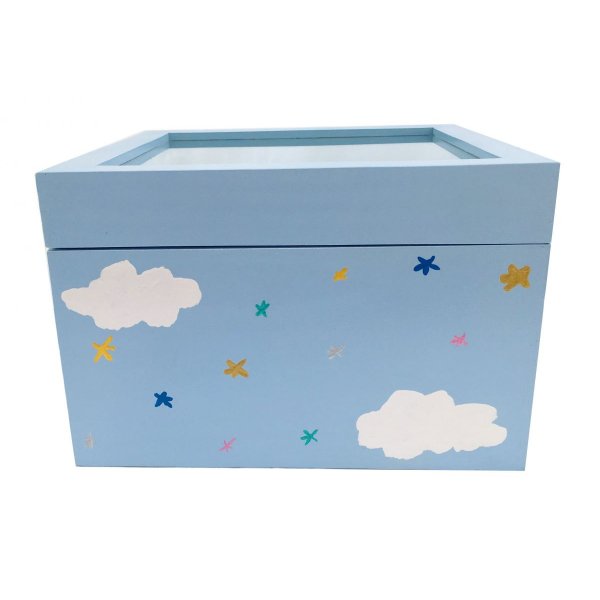 Houten kistje met glazen deksel. Model : blauwe eenhoorn