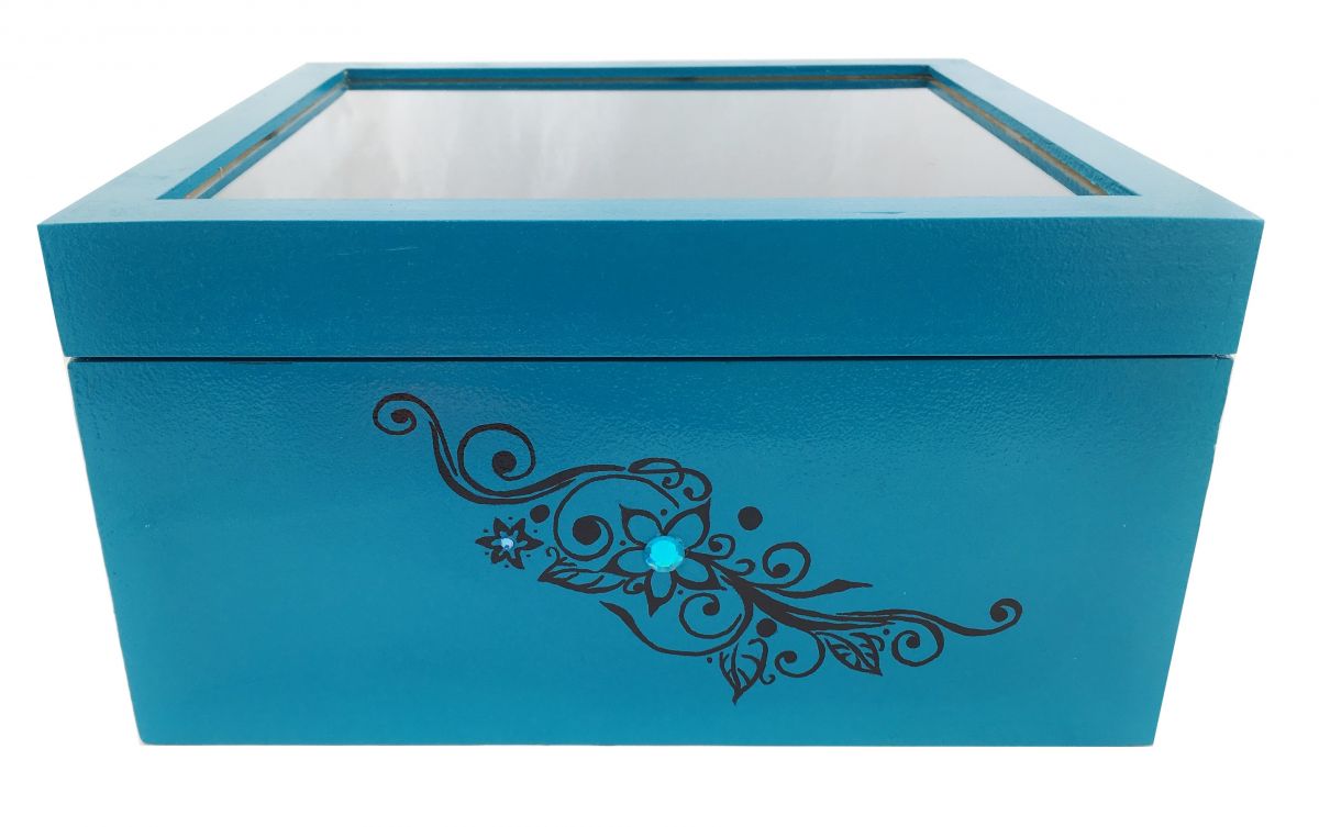 Houten kistje met glazen deksel. Model : tribal blauw