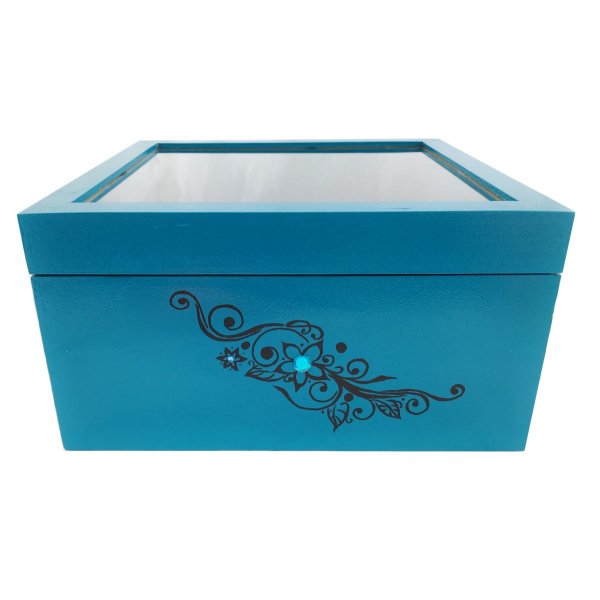 Houten kistje met glazen deksel. Model : tribal blauw