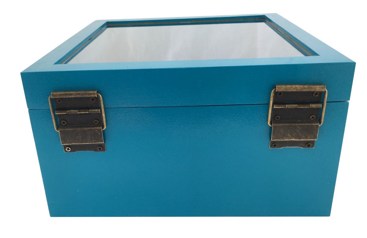Houten kistje met glazen deksel. Model : tribal blauw