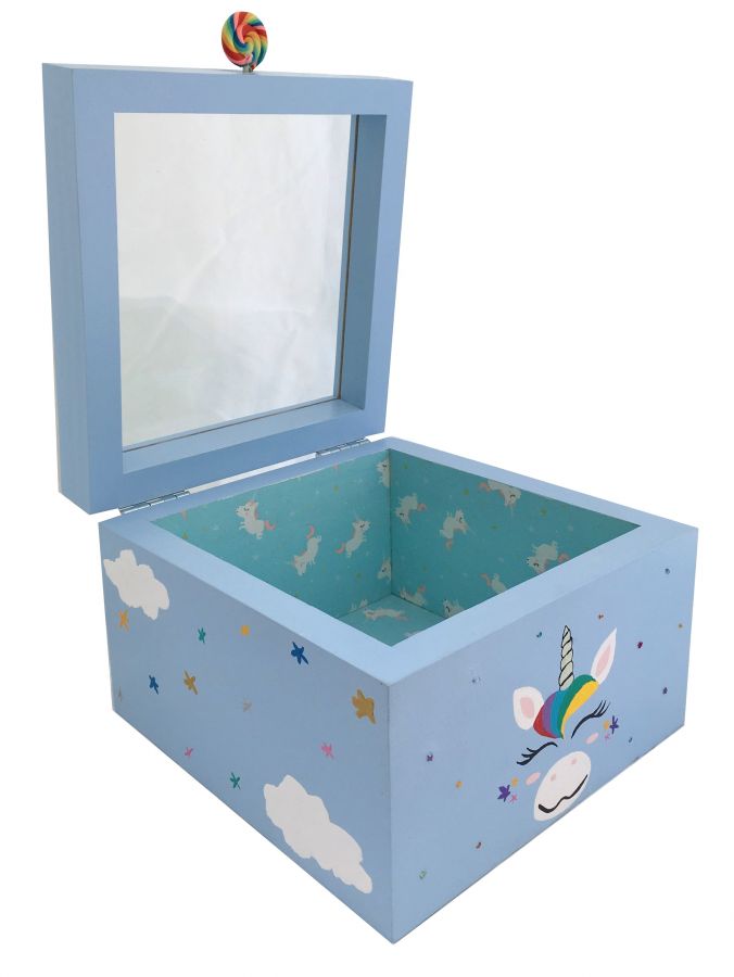 Houten kistje met glazen deksel. Model : blauwe eenhoorn