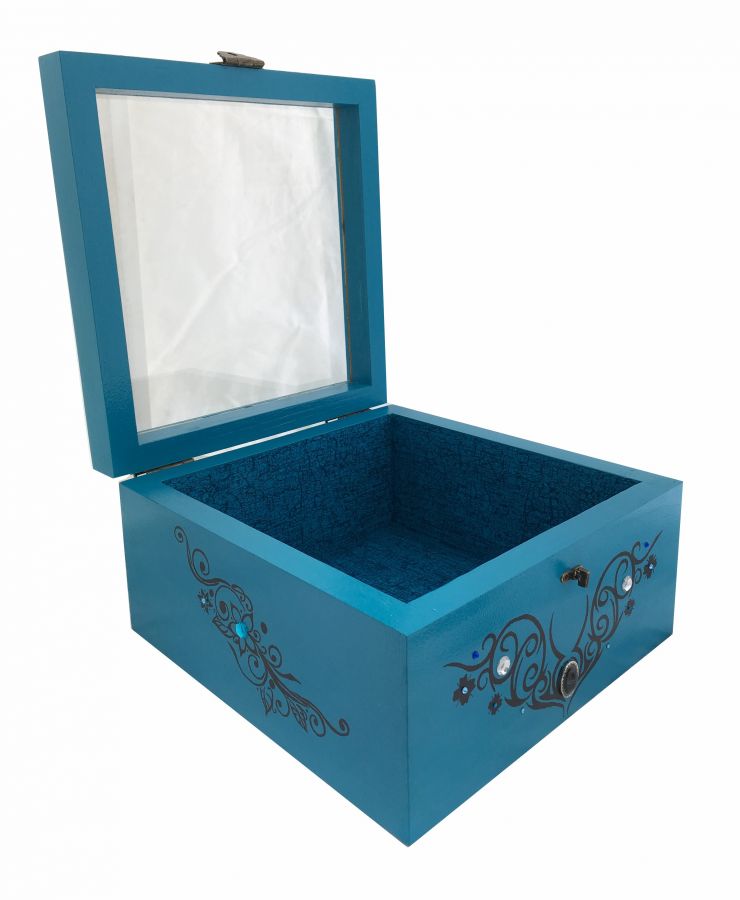 Houten kistje met glazen deksel. Model : tribal blauw