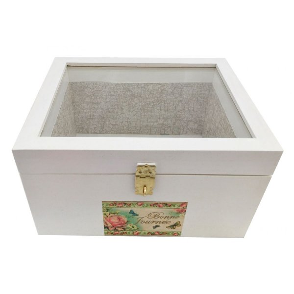 Houten kistje met glazen deksel. Model : goede dag