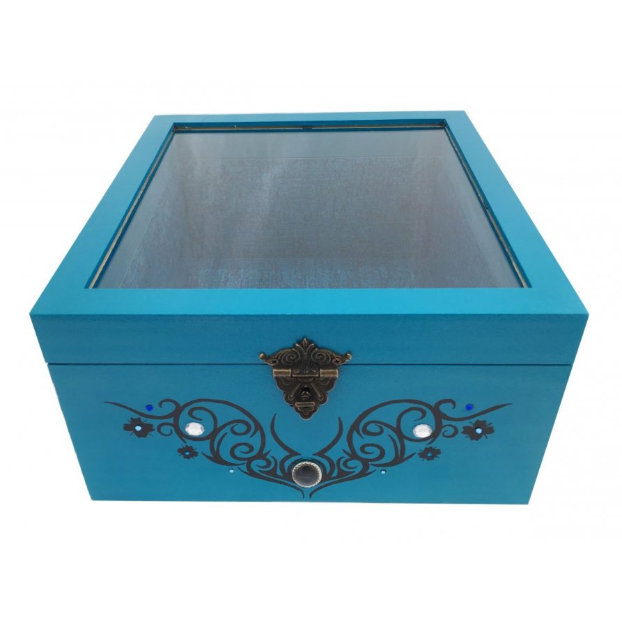 Houten kistje met glazen deksel. Model : tribal blauw