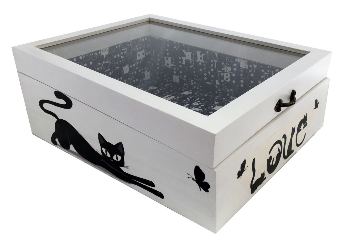 Houten doos met glazen deksel. Model : love cat