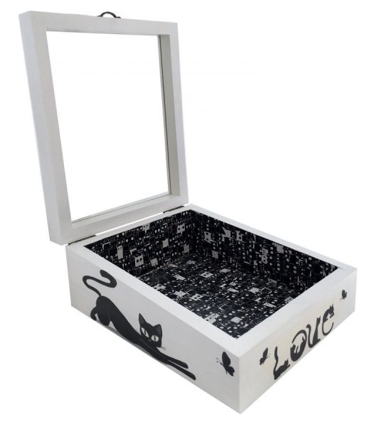 Houten doos met glazen deksel. Model : love cat