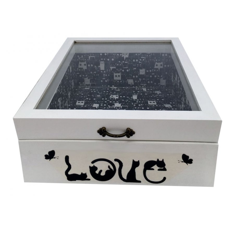 Houten doos met glazen deksel. Model : love cat