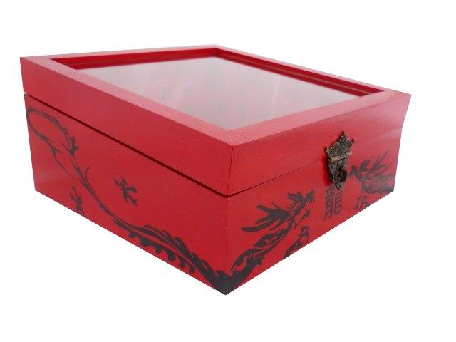 Schuine houten kist met glazen deksel. Model : rode draak