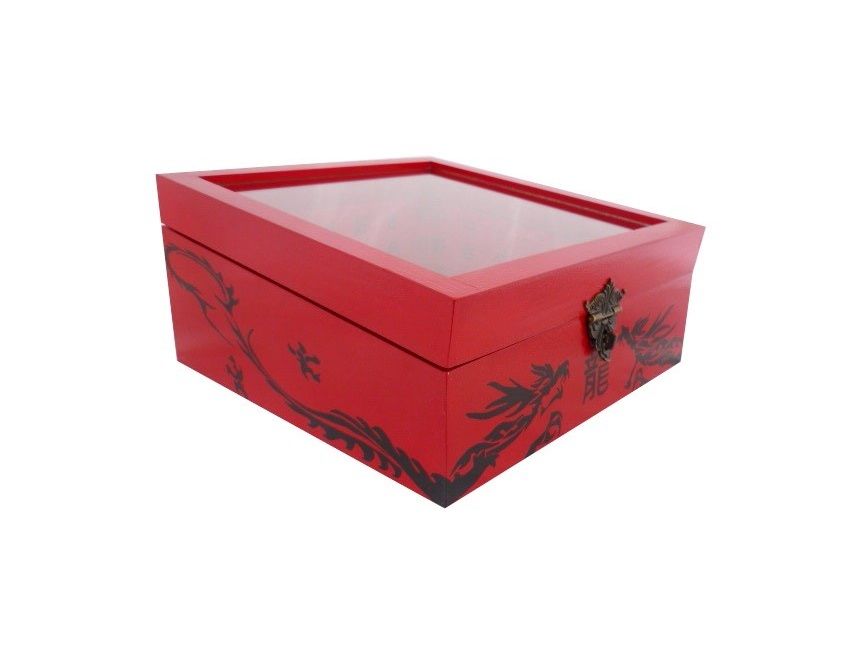 Schuine houten kist met glazen deksel. Model : rode draak