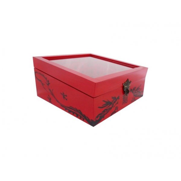 Schuine houten kist met glazen deksel. Model : rode draak